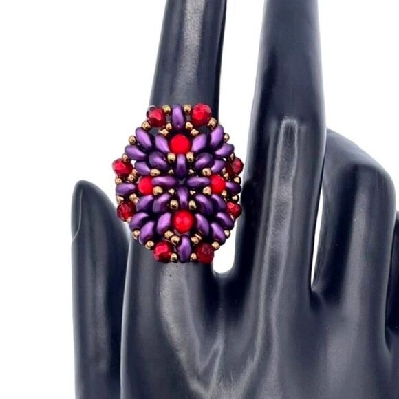 Bronze with Purple and Ruby Red Crystal Beaded Statement Ring Size 8.5 - Picture 6 of 8